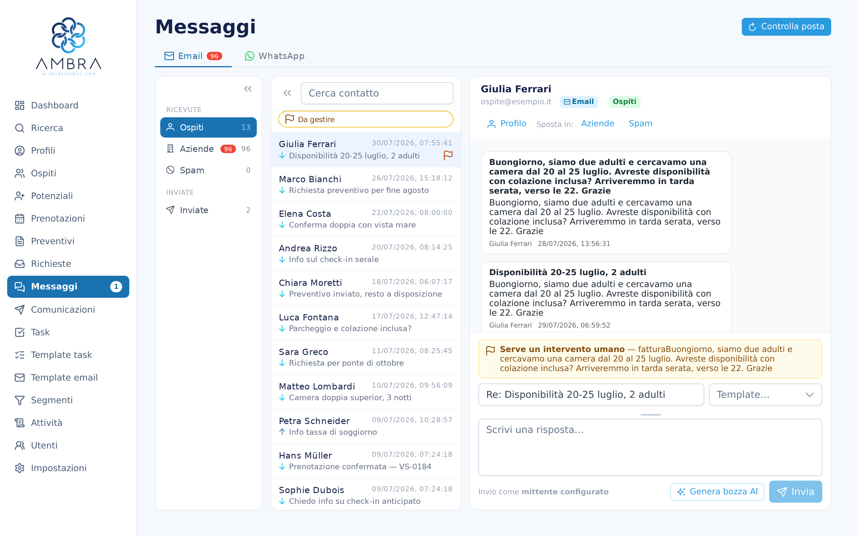 Ambra al lavoro: la richiesta di un'ospite per cinque notti e la risposta preparata, con camera, prezzo a notte e totale