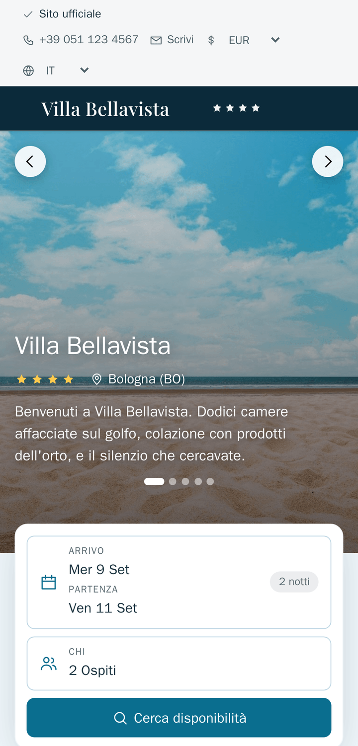 Il sito di prenotazione di Villa Bellavista su telefono, nei toni del blu: striscia dei contatti, testata scura col logo e le quattro stelle, copertina fotografica col nome della struttura, la barra di ricerca, i vantaggi del prenotare qui e la scheda della struttura