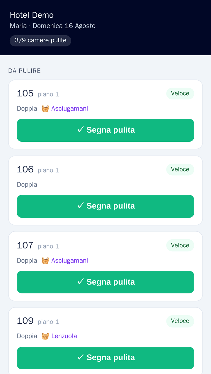 La pagina delle pulizie su telefono: il nome dell'addetta, «3/9 camere pulite», e per ogni camera il piano, il tipo di pulizia, la biancheria da cambiare e un pulsante «Segna pulita»