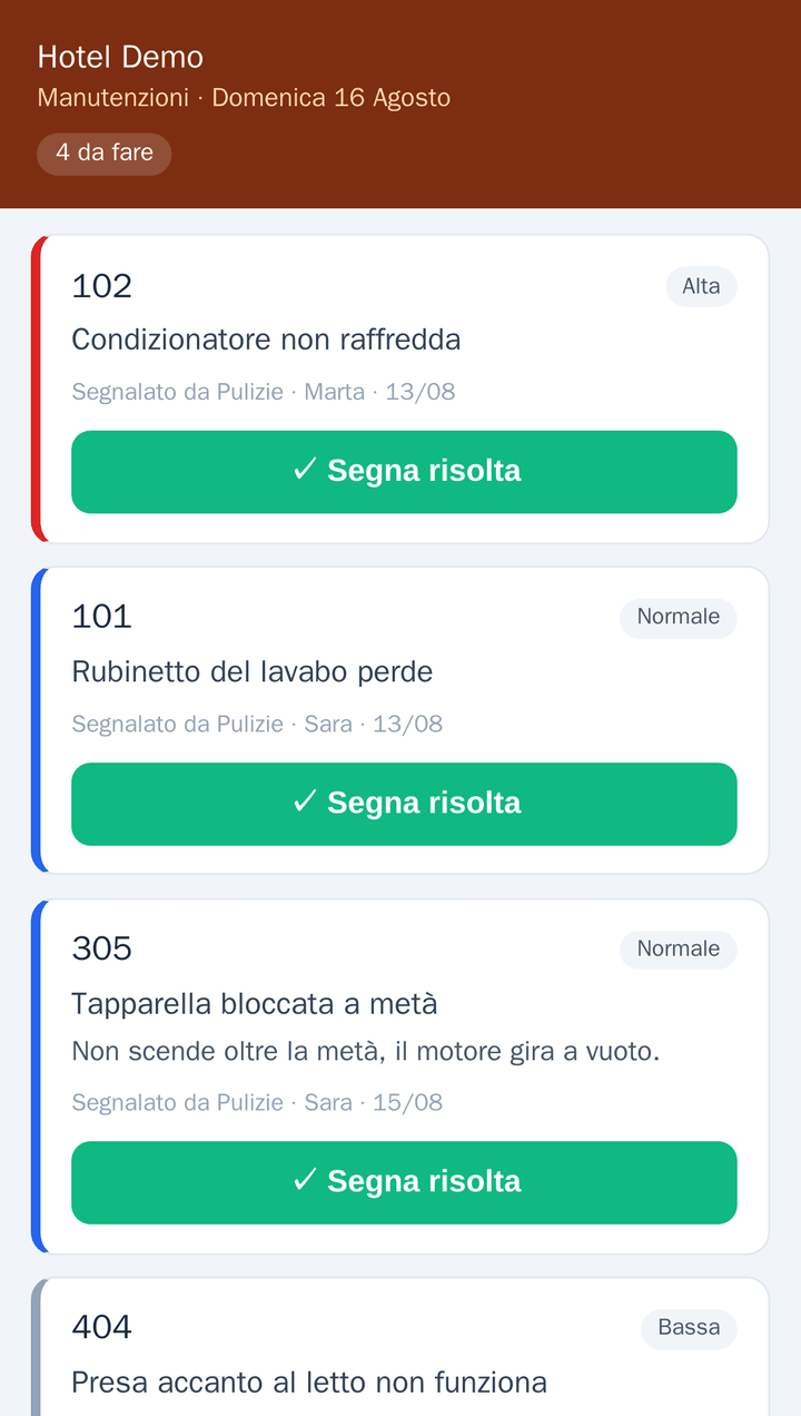 La pagina del manutentore su telefono: l'elenco degli interventi aperti, ognuno con numero di camera, priorità, descrizione, chi l'ha segnalato e un pulsante «Segna risolta»